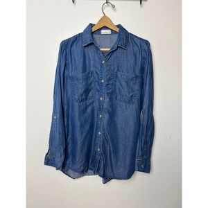Becool Womens Blue Tencel Denim Chambray Button Down Shirt Roll Tab Sleeve Small